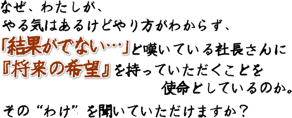 なぜ、わたしが、やる気はあるけどやり方がわからず、「結果が出ない」と嘆いている社長さんに『将来への希望』を持っていただくことを使命としているのか。その"わけ"を聞いていただけますか?